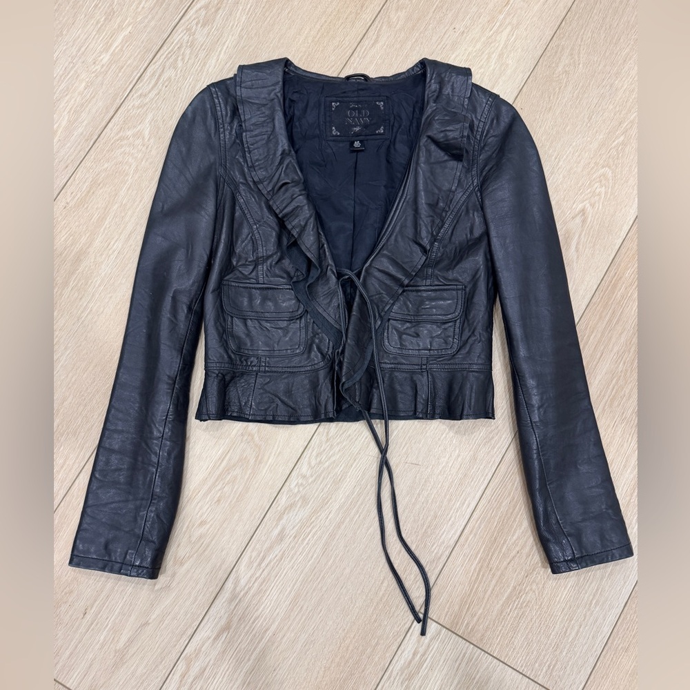 Old Navy Black Leather Ruffle-Trim Cropped Jacket